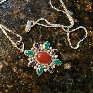 Sterling silver box link necklace with multicolored starburst design pendant